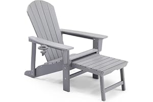 VonHaus Grey Adirondack Chair & Folding Foot Stool - Waterproof HDPE Garden Chair & Lounger with Foldable & Sliding Foot Rest, Wide Armrests & Sloped Back - For Terrace, Patio, Balcony & Outdoors