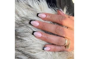 AGASAR 24pcs Short Coffin False Nails French Tip Stick on Nails Black Tip Press on Nails Removable Glue-on Nails Fake Nails Women Girls Nail Art Accessories
