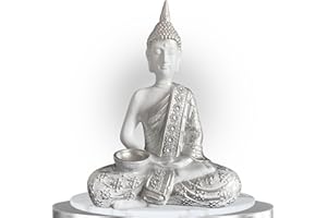 RISSLI Figura de Buda Meditacion, Decoracion hogar Salon 33x23cm,Decoracion para Interior o Exterior, Figuras budas para Centro de Mesa Decorativo Salon y Jardin Zen, espirituales (Plateado)