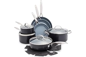GreenPan Valencia Pro Céramique Anodisée Saine Antiadhésive Batterie de cuisine de 11 Poêles, Sans PFAS, Inclus Poêles à frire, Sauteuses, Casseroles, Induction, Lave-vaisselle,Four,Gris
