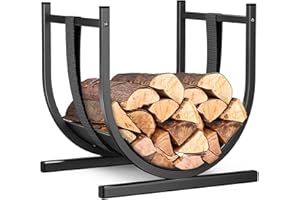 VOUNOT® Estante Almacenamiento Leña 41x37x39.5cm Soporte de Madera Metálico con Correa Seguridad, Cesto Leña Leñero Interior y Exterior en Forma de U Estantería Organizador para Troncos Chimenea Negro