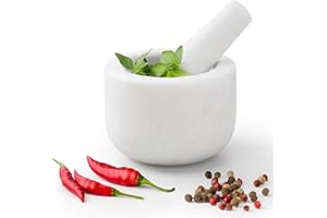 Navaris Mortaio con Pestello Marmo Bianco - Macina Spezie Manuale - Set Preparazione per Pesto e Salse - Utensili da Cucina - Ciotola Ø 8,5cm - Piedini Antiscivolo - Home Decor