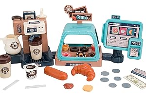Kidow Toys 3-in-1 Coffee Maker Toy 41 pcs Cash Register, Play Kitchen Accessories Mini Food, Kids Coffee Machine Toy, Pretend Play Shop, Vending Machine, Fun & Educational Role Play Childrens Toys