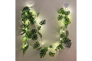 Fielegen 20 LED Monstera Leaf String Lights, 6 FT Artificial Tropical Palm Leaves Greenery Vines with Lights, Summer Decoration for Hawaiian Jungle Safari Luau Party BBQ Beach Birthday Theme Decor