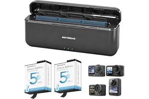 REYGEAK Action 5 PRO Ation 4/3 OSMO 360 Akku, 2200mAh und 3 Kanälen Ladegerät USB LED Ladegerät Kit für DJI Osmo Action5/4/3 Akkus und Speicherbox (Ladebox + 2 × Akku)