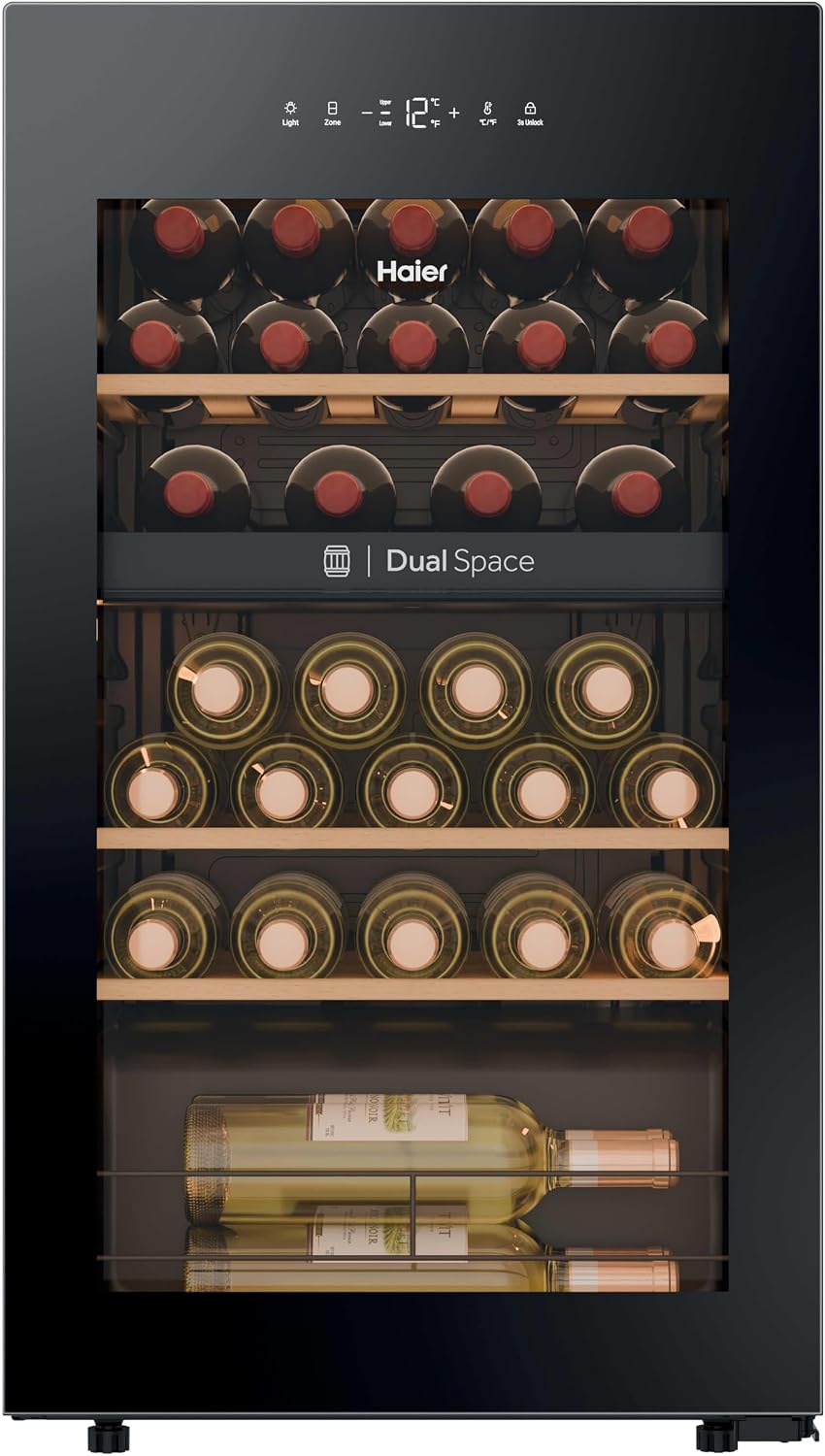 Haier Wine Bank 50 Series 5 HWS32GDG Vinoteca de 32 botellas, 2 Zonas independientes, Estantes de madera, Filtro Anti-UV, Sistema Antivibración, Display Digital, Iluminación LED, 37 dbA, Negra