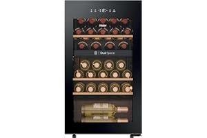 Haier Wine Bank 50 Series 5 HWS32GDG Vinoteca de 32 botellas, 2 Zonas independientes, Estantes de madera, Filtro Anti-UV, Sistema Antivibración, Display Digital, Iluminación LED, 37 dbA, Negra