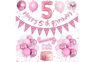 DJLLA Pink Birthday Decorations for Girls - 5th Birthday Balloons, Banner, Number 5 Sash & Cake Topper