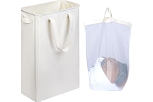 iEGrow Cesto Portabiancheria 50L, Portabiancheria Salvaspazio con Borsa Interna Rimovibile e Lavabile, Cesta Portabiancheria con Manici per Lavanderia Camera da Letto Bagno (Beige)