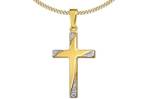 CLEVER SCHMUCK Erstkommunion Kinder Kreuz 19 mm Bicolor Kreuzenden verziert 333 Gold 8 Karat & vergoldeter Kette Panzer 38 cm im Kreuz Etui
