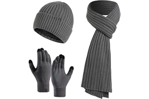 Jarseila Herren Mütze Schal und Handschuhe Set Winter Warme Wintermütze Touchscreen Handschuhe Winterschal Beanie mit Fleecefutter Strickmütze Unisex