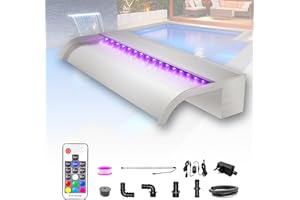 Longrun 60cm Pond Waterfall Blade Kit, 304 Stainless Steel Curved Waterfall Feature Spillway, Outdoor Pool Fountain with 7 Colors LED Lights and Remote Control