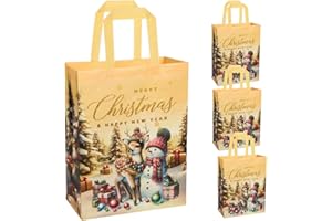BIULDPY Bolsas de Regalo Navideñas Grandes, 4 Bolsas Reutilizables de Tela No Tejida Amarilla con Estampado de Alce y Muñeco de Nieve para Envolver Regalos