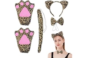 MIVAIUN 4 Stück Leopard Tiere Cosplay Set,Leopard Girl Dress Up Set,Leopard Ohren Fliege Schwanz Handschuhe Set,Dekoration Zubehör für Mädchen Jungen Mottoparty Halloween Verkleidung Party(Braun)