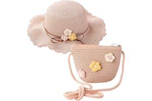 REYOK Cappello da Sole per Ragazze Cappello di Paglia Cappello da Spiaggia Estivo e Mini Set di Borse, Bambino Ragazze da Spiaggia Estivi Fiori Berretto per attività All'aperto