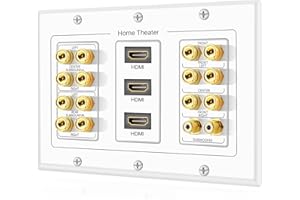 TNP PRODUCTS Placa de pared para cine en casa TNP - Distribuci�n de sonido envolvente 7.2 de 3 gang con acoplador premium chapado en oro y postes de enlace de banana de cobre para 7 altavoces, 2 tomas RCA para