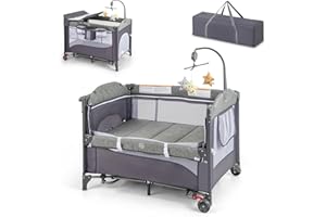 DREAMADE Reisebett mit Matratze, 5 in 1 Beistellbett Baby mit Rollen & Wickelauflage & Spieluhr, 110×76cm Babybett mit Tragetasche, Stubenwagen für Neugeborene & Baby (Grün)