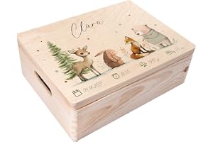 Creative Deco Boîte à Souvenirs Bébé Personnalisé avec Prénom - Animaux de la Forêt | 40 x 30 x 14 cm | Cadeau Boîte à Souvenirs pour Une Naissance pour Fille et Garçon | Boite Bois avec Couvercle