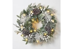 Valery Madelyn 18inch/45cm Pre-lit Christmas Wreath for Front Door, Frozen Winter Silver White Wreath with Pine Cone and Berry, Xmas Reef with Led Lights and Timer Function for Christmas Decoration