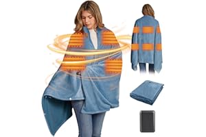 QDRECLOD 160x90cm Heizdecke Kabellos mit 16000mAh Akku, Waschbar Flanell Heizdecke zum Anziehen mit 6 Heizzonen und 3 Temperaturstufen, USB Elektrische Wärmedecke für Sofa, Büro, Reisen, Camping (Hellblau)