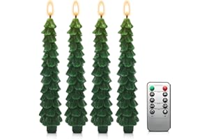 Roadtime Candele per albero di Natale con telecomando e timer, 4 candele a LED di cera tremolante, alimentate a batteria con stoppino 3D, candele verdi per la decorazione del camino e della casa