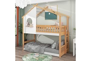 ModernLuxe Kinderbett Hochbett, Hausbett 90 x 200 mit Rausfallschutz Robuste, Etagenbett mit Lattenrosten, Rahmen aus Kiefernholz für Kinder (ohne Matratze) (Nature)