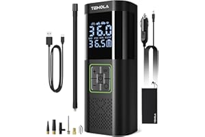 TEMOLA inflador ruedas coche, 150PSI inflador electrico, DC12V infladors bicicletas con Autostop y Luz de Emergencia, Compresor aire coche con Cinco Tipos de Válvulas para Cochs, Moto, Bicicleta Bolas