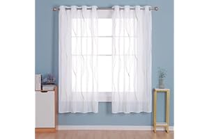 Deconovo Lot de 2 Rideaux Voilages, Chambre Enfant Fille Salon, Décoration Rideau Cuisine Restaurant à Oeillets, Argenté Motif Ligne, 140×175 CM, Blanc