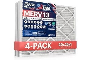 BNX TruFilter 20 x 25 x 1 MERV 13 (4-pack) AC ugn luftfilter, TILLVERKAD I USA, elektrostatisk veckad luftkonditionering HVAC