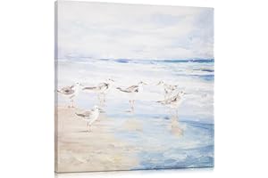 Arborus Wandbilder 30 x 30cm Ölgemälde auf Leinwand Strand Möwen Gemälde Handgefertigtes Wandgemälde Wandeko Wohnzimmer Esszimmer Deko Wandbild Küstenstrand Wand Kunst Seelandschaft Seevögel Leinwand