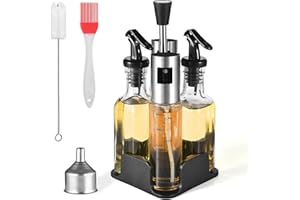 FNLLC Bottiglia di olio, spruzzatore di olio con supporto, set di raccolta di aceto e olio, dispenser di olio d'oliva in vetro senza piombo, spray per olio con scala e struttura in acciaio inox,