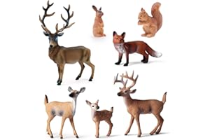 SIENON 7Pcs Forest Animals Figures Toys, Miniature Woodland Creature Figurines with Deer Family, Elk, Fox, Rabbit, Squirrel for Kids Educational Birthday Christmas Cake Decoration Party Favors
