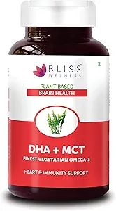 Bliss Welness Cardio Bliss Vegan Omega-3 DHA + MCT 500MG per serve Heart Brain Eye Health Supplement - 30 Vegetarian Capsules