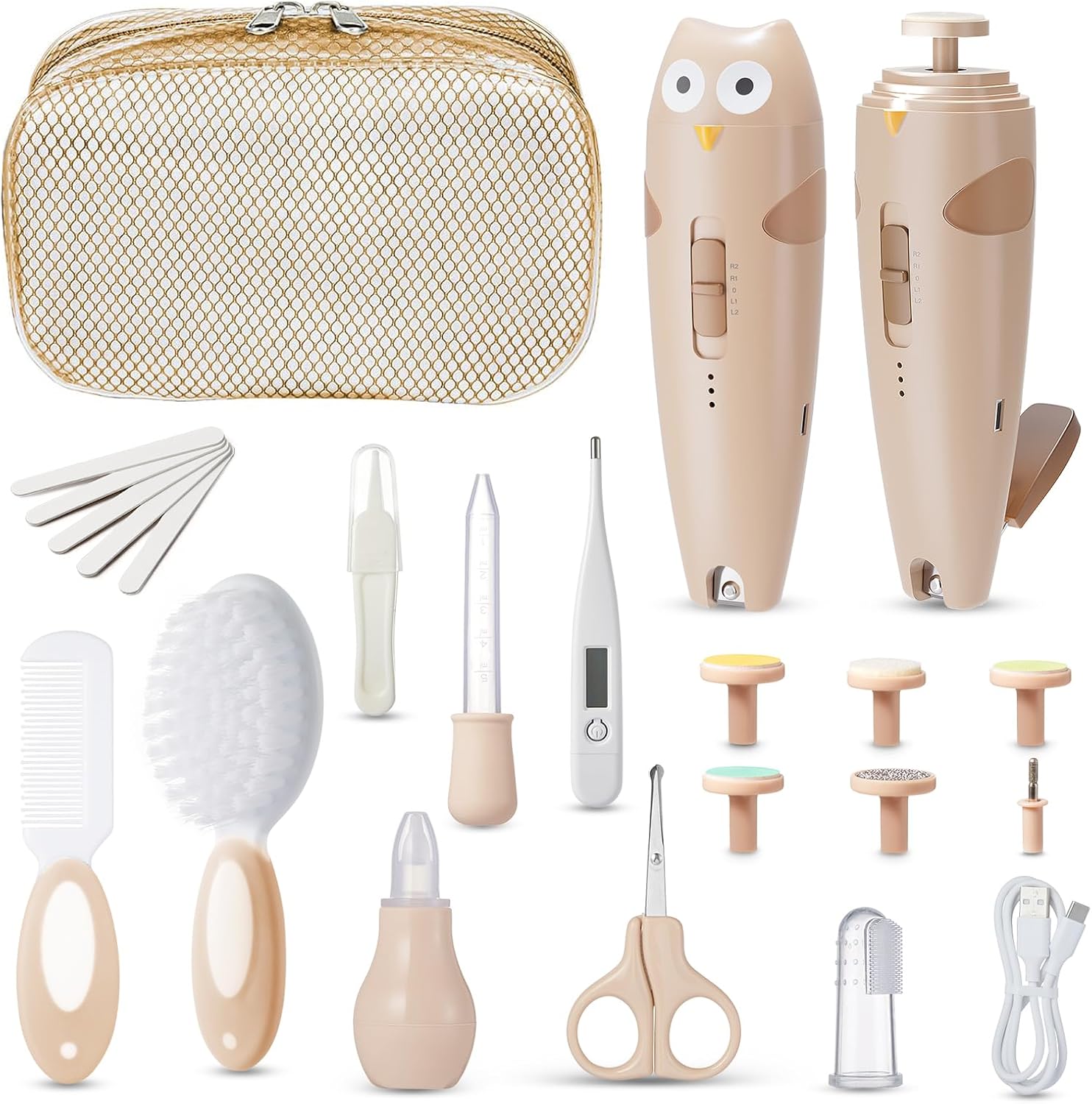 Lictin Set para Cuidado del Bebé-26 en 1 recargable cortaúñas eléctrico para bebé set, Lima de uñas para bebés con iluminación automática, Portátil Kit de Aseo para Bebés, ¡gran idea de regalo(Caqui)