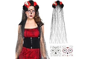 Epokus Disfraz de Halloween para Mujer, Diadema con Velo Del Día de Los Muertos, Diadema con Tatuajes de Cara de Halloween, Disfraz Del Día de Los Muertos,Velo de Viuda Novia Disfraces de Carnaval