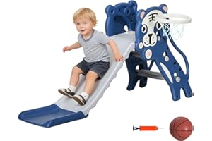 AIYAPLAY Tobogán Infantil 3 en 1 Tobogán para Niños de 18 a 36 Meses con 2 Escaleras 1 Canasta de Baloncesto y Patrón de Animal para Interior 133x60x70 cm Azul y Gris