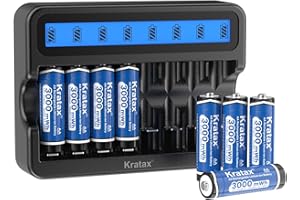Kratax 1.5V AA Rechargeable Lithium Batteries 8Pack with LCD Charger - 3000mWh High Capacity,1600 Cycles Long-Lasting Li-ion aa Size,Max 3.8A Cuttent,for Blink Camera VR/AR Headset Xbox Controller