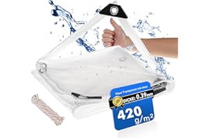 ‎FLEI Transparent Tarpaulin with Eyelets, Waterproof Tarpaulin with Rope, 420 g/m² PVC Outdoor Curtain for Garden Furniture, Greenhouse, Gazebo, Balcony, 1 x 2 m