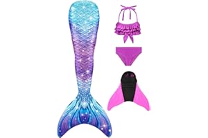 Pyjacos meerjungfrauenflosse mädchen Badeanzug - Meerjungfrau Flosse Bademode mit Bikini Set und Monoflosse Mermaid Tail, 4 Stück Set