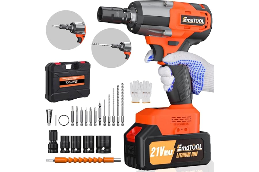 Cordless Impact Wrench, 1/2 inch Brushless Impact Gun, 2500rpm & Max Torque 550Nm, High Torque Impact Wrench with 4 Socket Set, 12 Drill Set, 4.0Ah Battery, Charger, Carry Box, for Furniture/light car