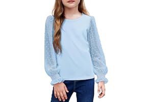 Arshiner Camisa de Manga Larga para niña con puños Fruncidos y Lunares suizos, Linda Camiseta con Cuello Redondo, Blusa para niñas de 5 a 12 años