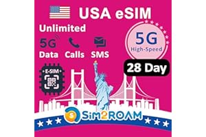 SIM2ROAM Carta eSIM prepagata USA | Dati Internet 5G/4G illimitati negli Stati Uniti (incluse le Hawaii)+Dati da 5 GB in Canada e Messico | Chiamate nazionali e SMS illimitati | Ricaricabile (28 giorni)