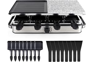 ‎HAUSHALTO 8 Personen Raclette Set - Tischgrill inkl. Pfännchen & Schaber - Grillplatte & Steinplatte antihaftbeschichtet (Eckig)