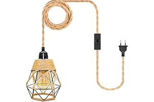WPQIUZS Industrielle Hängelampe mit Stecker E27 Pendellampe Kit 510CM Hanfseil Kabel Modern Vintage Lampenkabel mit Schalter Pendelleuchte Kit mit Schalter und Schwarz Metall Lampenschirm für Garten Balkon