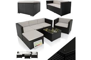 ‎JUSKYS Juskys Polyrattan Lounge Punta Cana L für 4-5 Personen mit 3er Sofa, Sessel, Hocker, Tisch & Kissen, Sitzgruppe für Garten, Terrasse und Balkon, Gartenmöbel Set wetterfest - Schwarz/Creme