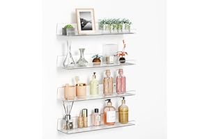 Viymgit 4 Pack Acrylic Shelves, Self-Adhesive 15" Floating Shelf Wall Mount for Home Organization & Wall Decor, Display Ledge Shelves for Bathroom, Living Room, Bedroom, and Kitchen
