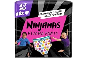 Dodot Pañal-Braguita Ninjamas, Talla 4-7 años (17-30 kg), 60 pañales tipo braguita, pañal noche con Corazones, Protección Contra Fugas Toda La Noche