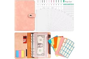 XIMUHO Budget Binder A6, 34Pcs PU Leather Binder with Cash Envelopes, Budget Sheets and Label Stickers, Cash Stuffing Wallet for Budget Planner, Money Saving