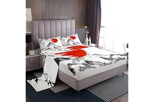 Loussiesd Lenzuola in stile giapponese Fuji Mountain Sun stampato lenzuolo con angoli bambù lenzuola set acquerello inchiostro con 2 federe 4 pezzi biancheria da letto matrimoniale