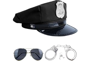 Makone Polizei Kostüm Dreiteiliges Set Polizei Mütze,Schirme,Handschellen Polizei echt Stahl, Police Costume Woman oder Polizei Mann oder Polizei Kostüm Kinder Halloween Kostüme（schwarz）